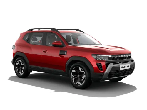 Front three-quarter view of the top-spec Renault Duster Techno Plus in Sunset Red, featuring full LED lighting and premium accents.